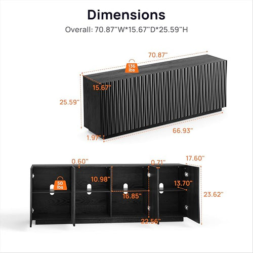 70" Fluted TV Stand for TVs Up to 50/55/65/75", Mid-Century Modern - Image 2