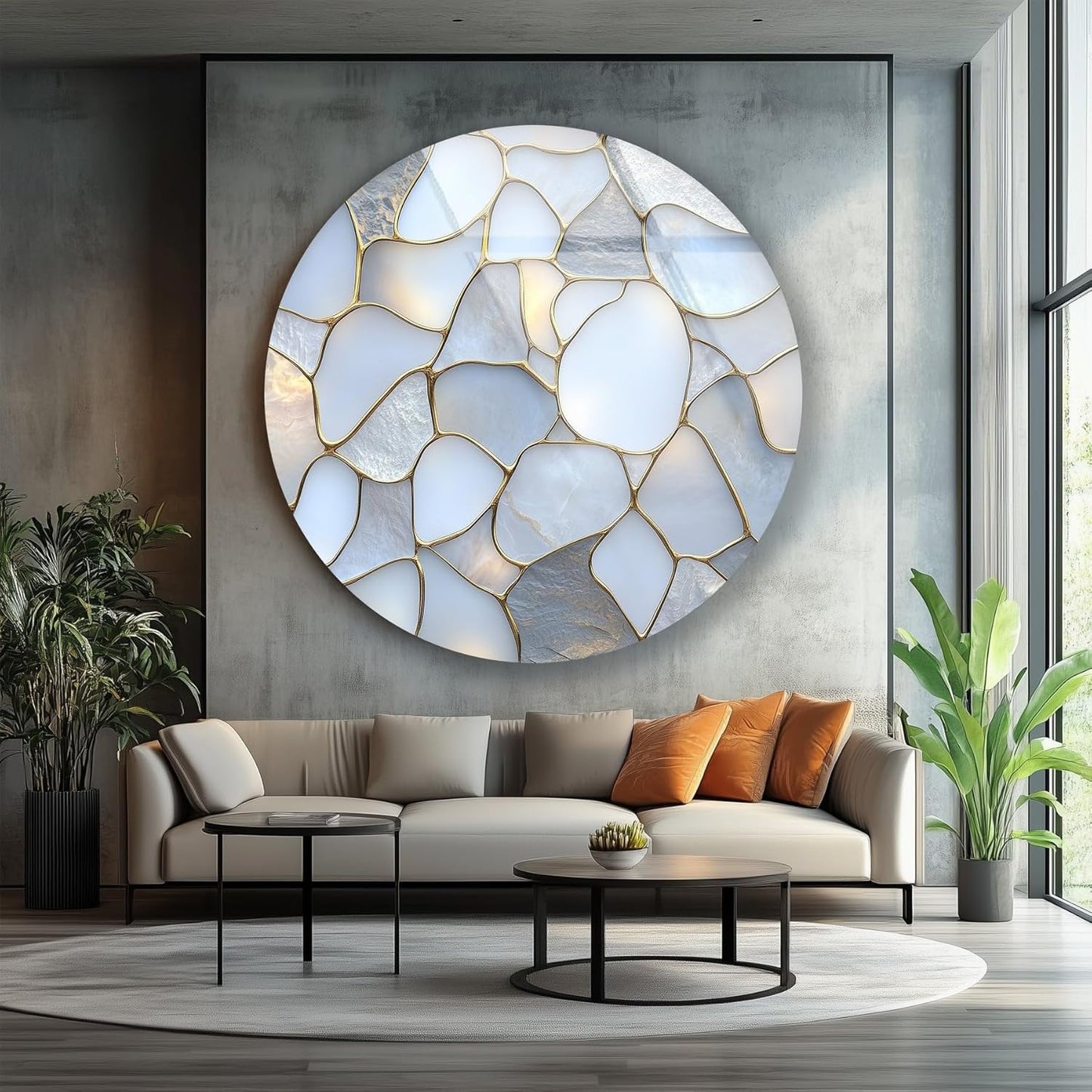 My Photostation.com 15.8''(40cm) Diameter White Stone Mosaic Round Glass Wall Art Tempered Glass Printing Wall Decor Large Wall Art Wall Hangings