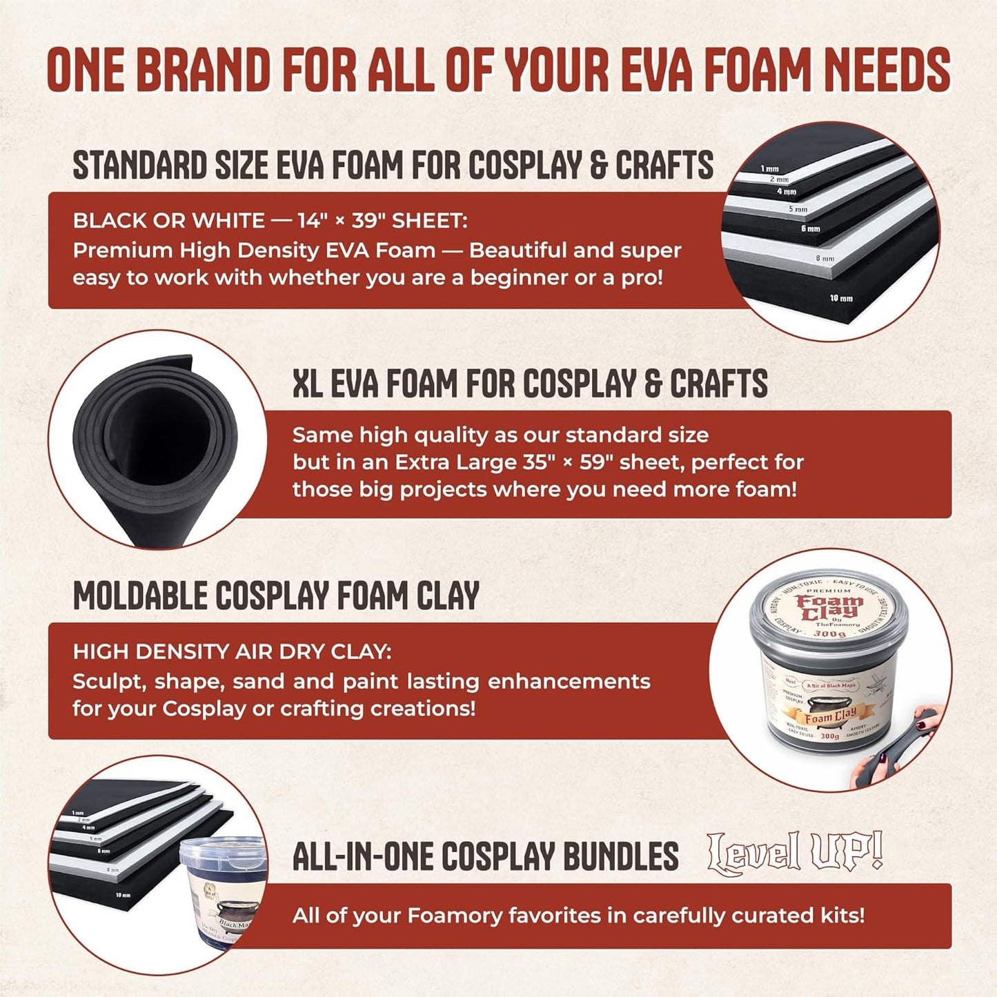 The Foamory's No Waste Full Round EVA Foam Dowel. 5-40mm x 1M High-Density Black Craft Foam Stick. Pre-Cut for Quick Cosplay Armor Trim, Weapon Enhancement and Costumes. Time Saving, Paint-Ready Bevel