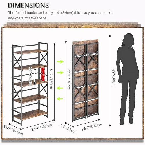 4NM 5 Tiers No Assembly Book Shelves, 51.2" H Folding Bookshelf Bookcase Open - Image 2