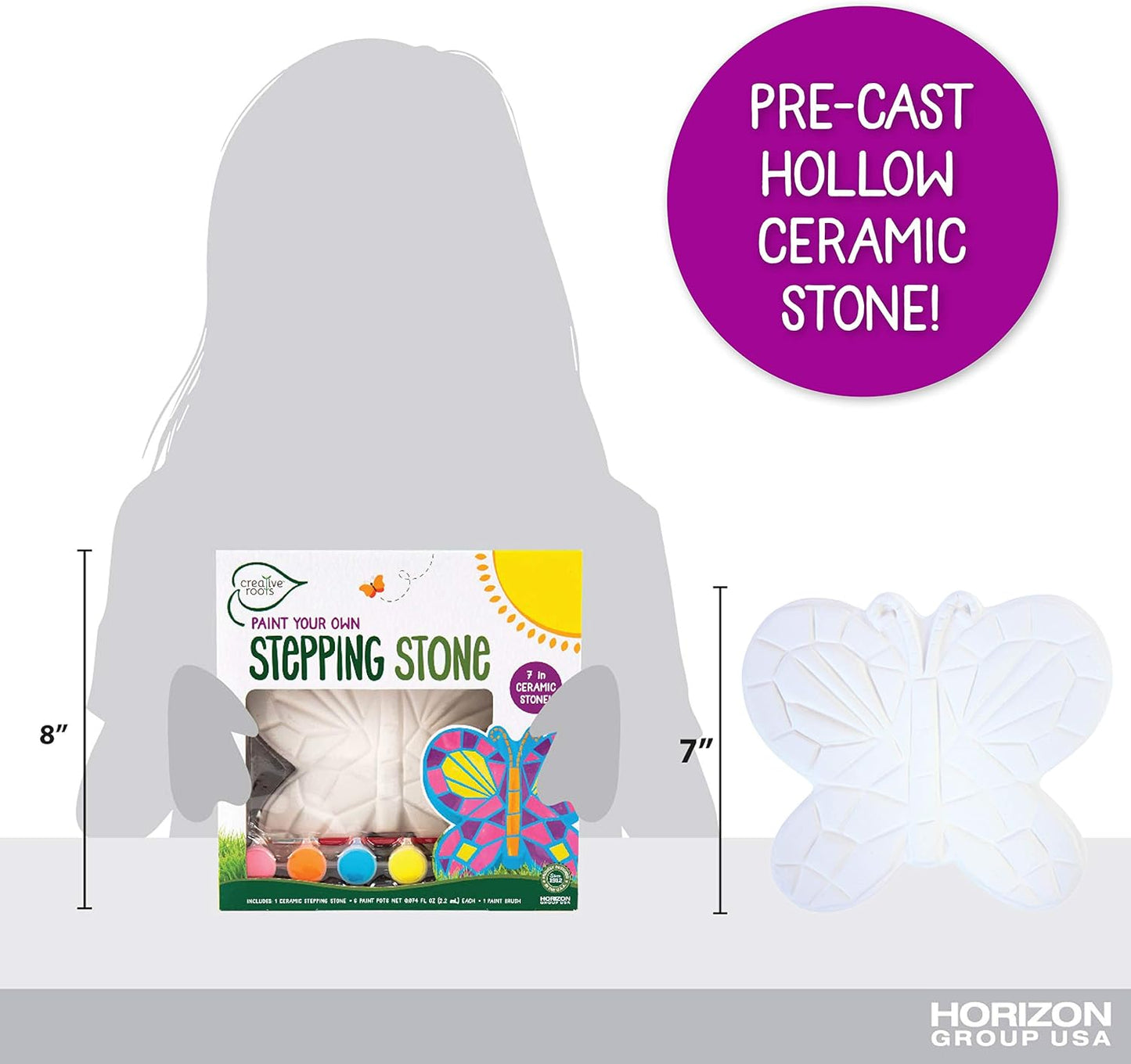Creative Roots Mosaic Butterfly Stepping Stone Kit, Includes 7-Inch Ceramic Stepping Stone & 6 Vibrant Paints, Paint Your Own Stepping Stone, DIY Stepping Stone for Kids Ages 8+ White