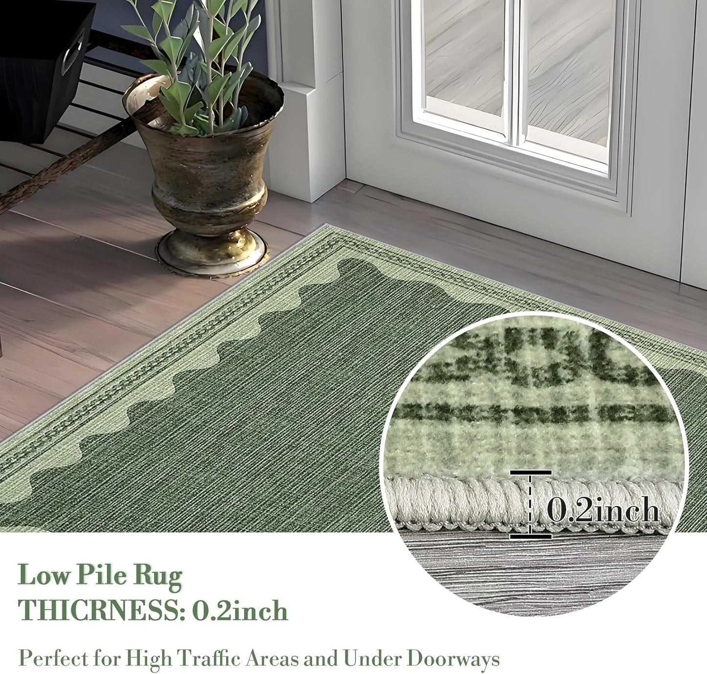 Scalloped Washable Rug 5x7 Area Rugs for Living Room, Solid Green Rug for Bedroom Girls, Non Slip Scalloped Throw Mat with Rubber Back, Soft Dorm Nursery Low Pile Carpet for Dining Room