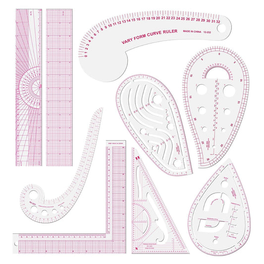 Fashion Clear Metric Sewing Ruler Set,French Curve Pattern Rulers for Beginners, Tailors, Designers, Quilting, Embroidery, Cross Stitch, Crochet, Knitting 9pcs