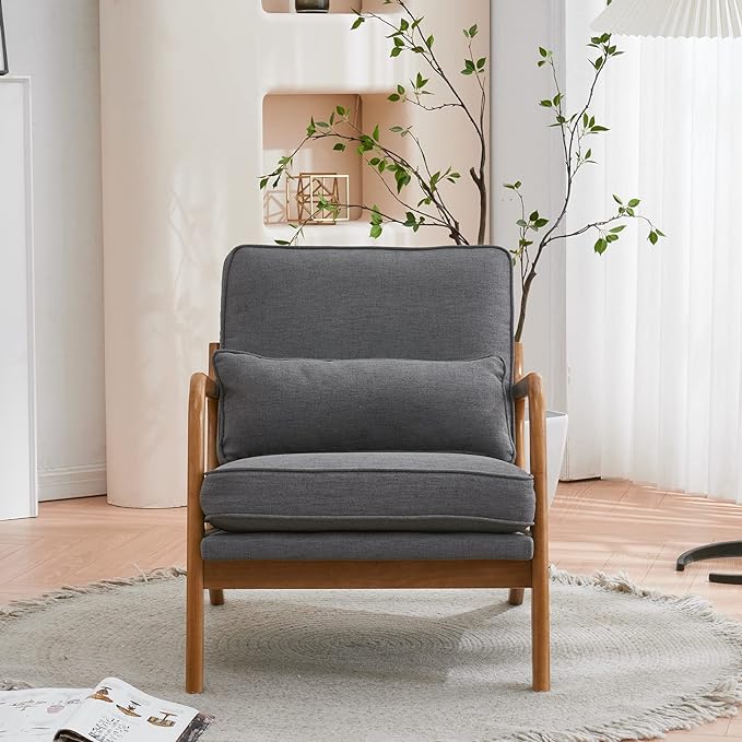 Bonnlo Linen Dark Grey Mid Century Modern Accent Chair, Soild Wood Padding - Image 5