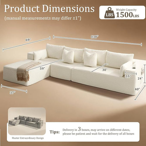 138" Cloud Sectional Couch, Comfort L Shaped Boneless Couch - Image 2