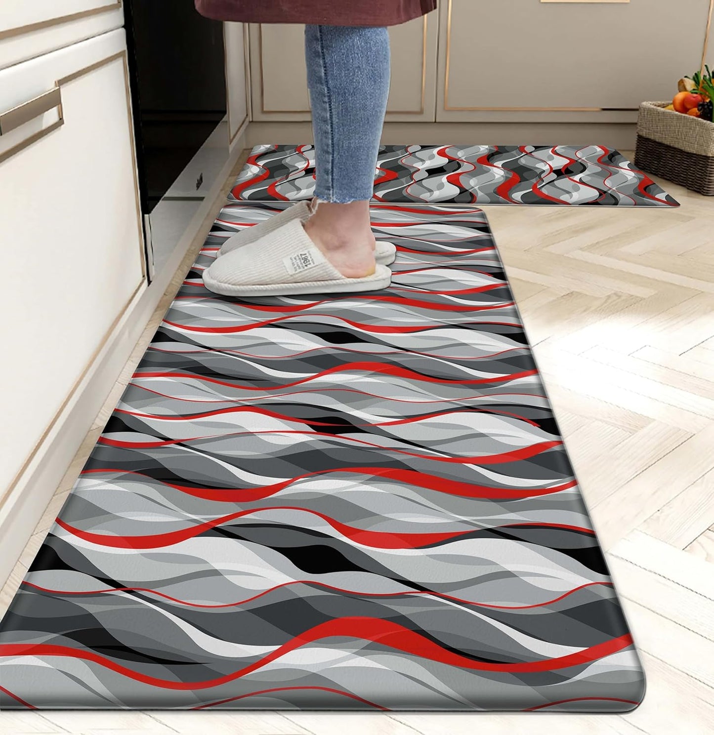 Kitchen Mats for Floor Modern Abstract kitchen rugs Grey and Red Stripe Anti Fatigue Kitchen Mats Waterproof Floor Mats Cushioned Non-Skid Standing Mats for Kitchen, Set of 2,17.3 x 28+17.3 x 47