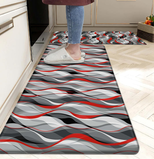 Kitchen Mats for Floor Modern Abstract kitchen rugs Grey and Red Stripe Anti Fatigue Kitchen Mats Waterproof Floor Mats Cushioned Non-Skid Standing Mats for Kitchen, Set of 2,17.3 x 28+17.3 x 47