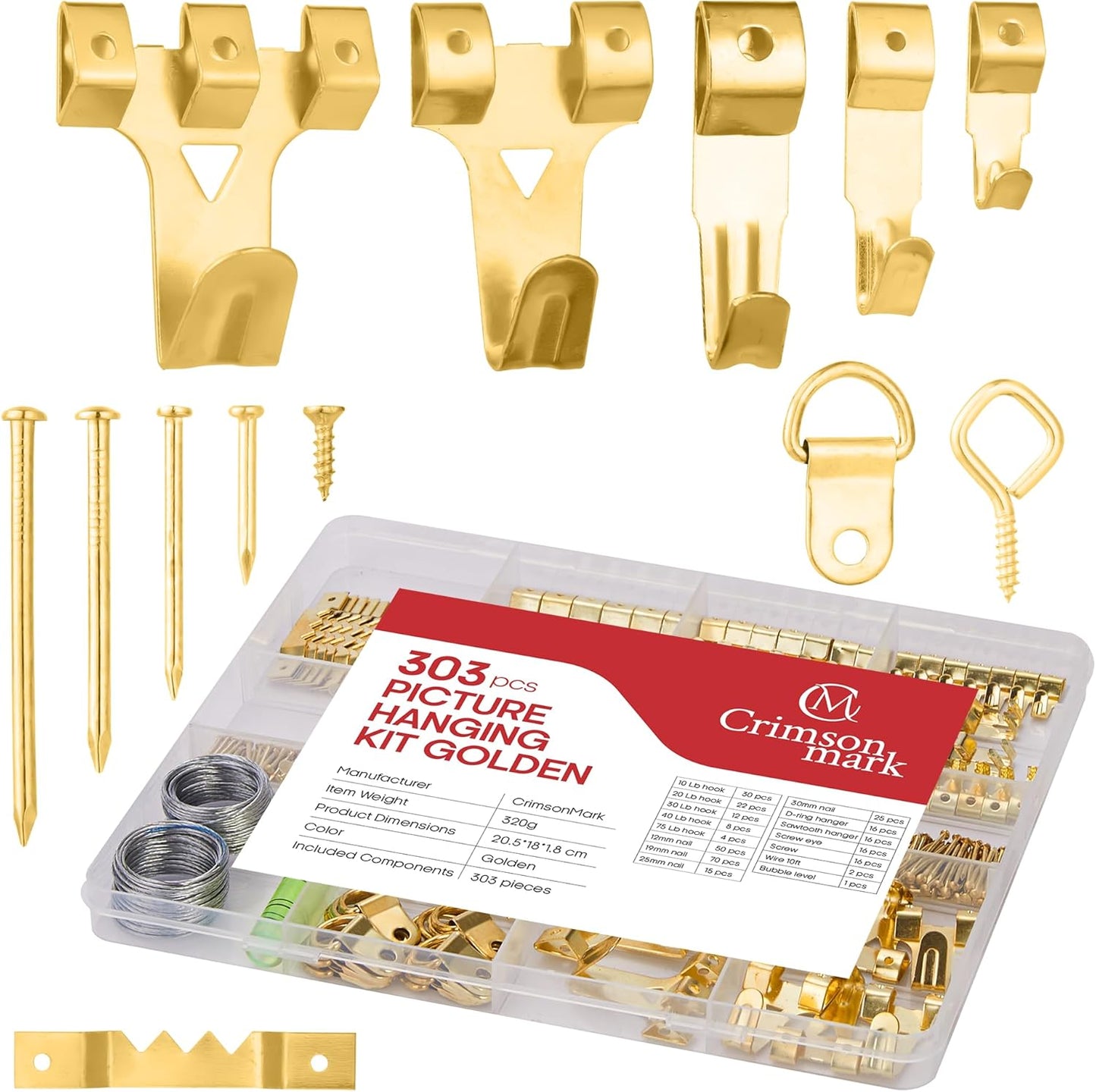 303-Piece Picture Hanging Assortment, Heavy Duty Hooks, Nails, Sawtooth, D-Rings, Wire, Level, and Metal Wall Hooks for Picture Framing and Canvas Mounting (Gold)
