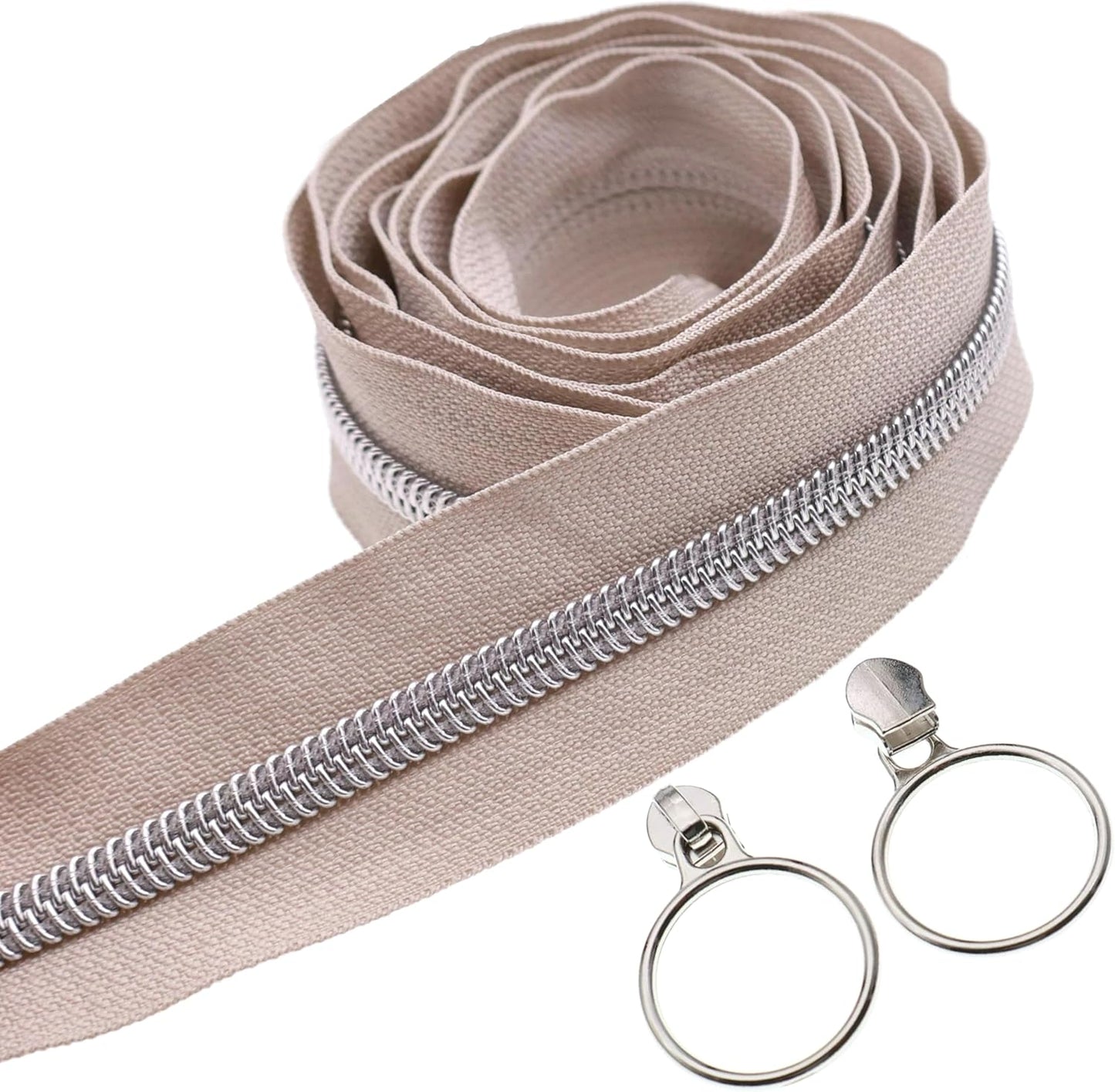 Leekayer #5 Silver Metallic Nylon Coil Zippers by The Yard Bulk 10 Yards Beige Zipper Tape with 25pcs Silver Ring Pull Sliders for DIY Sewing Tailor Craft Bag(Beige)