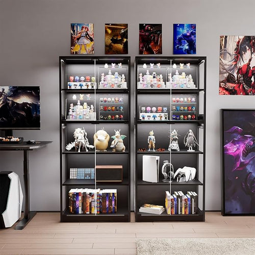 65" Tall Display Case with Glass Doors, Lighted Display Cabinet Bookcase with - Image 2