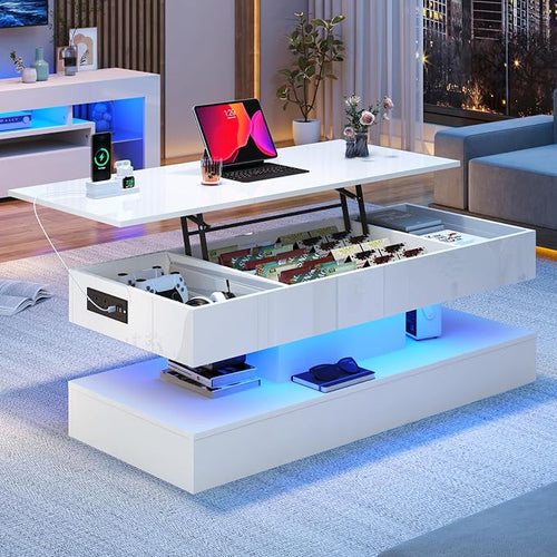47.2" Large Lift Top Coffee Table, Modern High Glossy LED Coffee Tables by chartustriable