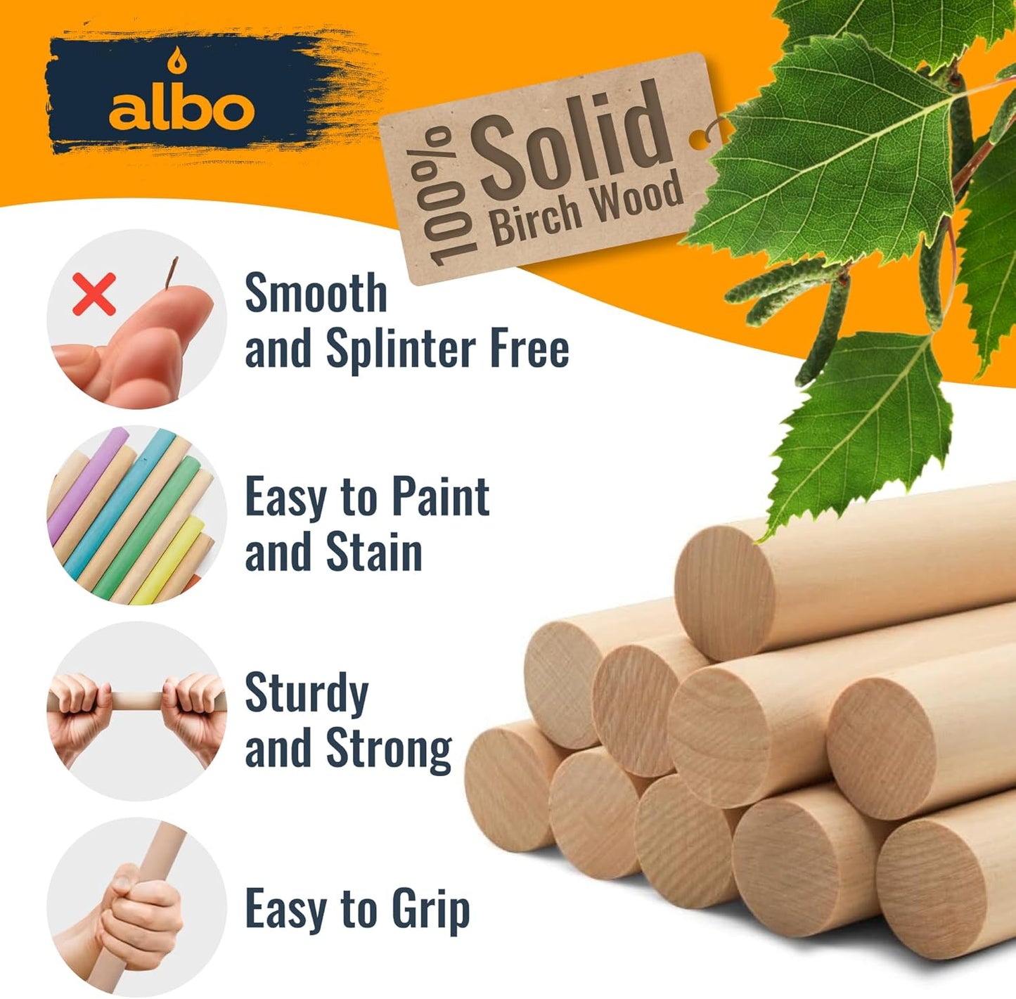ALBO 1" x 36" Wooden Dowel Rods Set - 5 Pack Birch Natural Strong Craft Sticks Stair Rails Shelf Supports Decor Hardwood Smooth Finish Woodworking Material DIY Furniture Bulk Value Pack