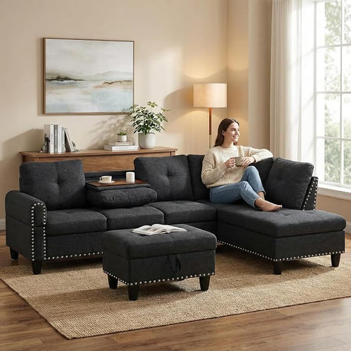97.5" L Shaped Couch Set Linen, Modular Sectional Couches - Image 2