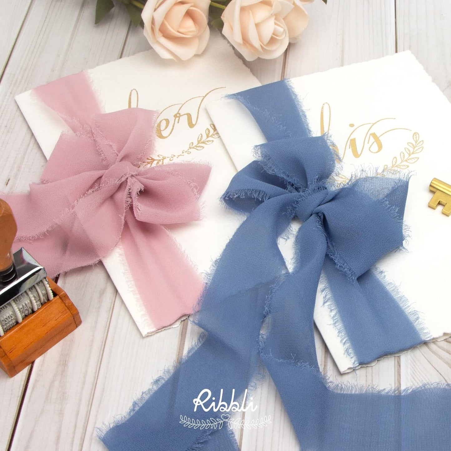 Ribbli Chiffon Silk Ribbon, 1.5 in x 30 Yards, Ivory/Dusty Rose/Dusty Blue Fringe for Wedding Invitations, Bridal Bouquets, Flower Arrangements