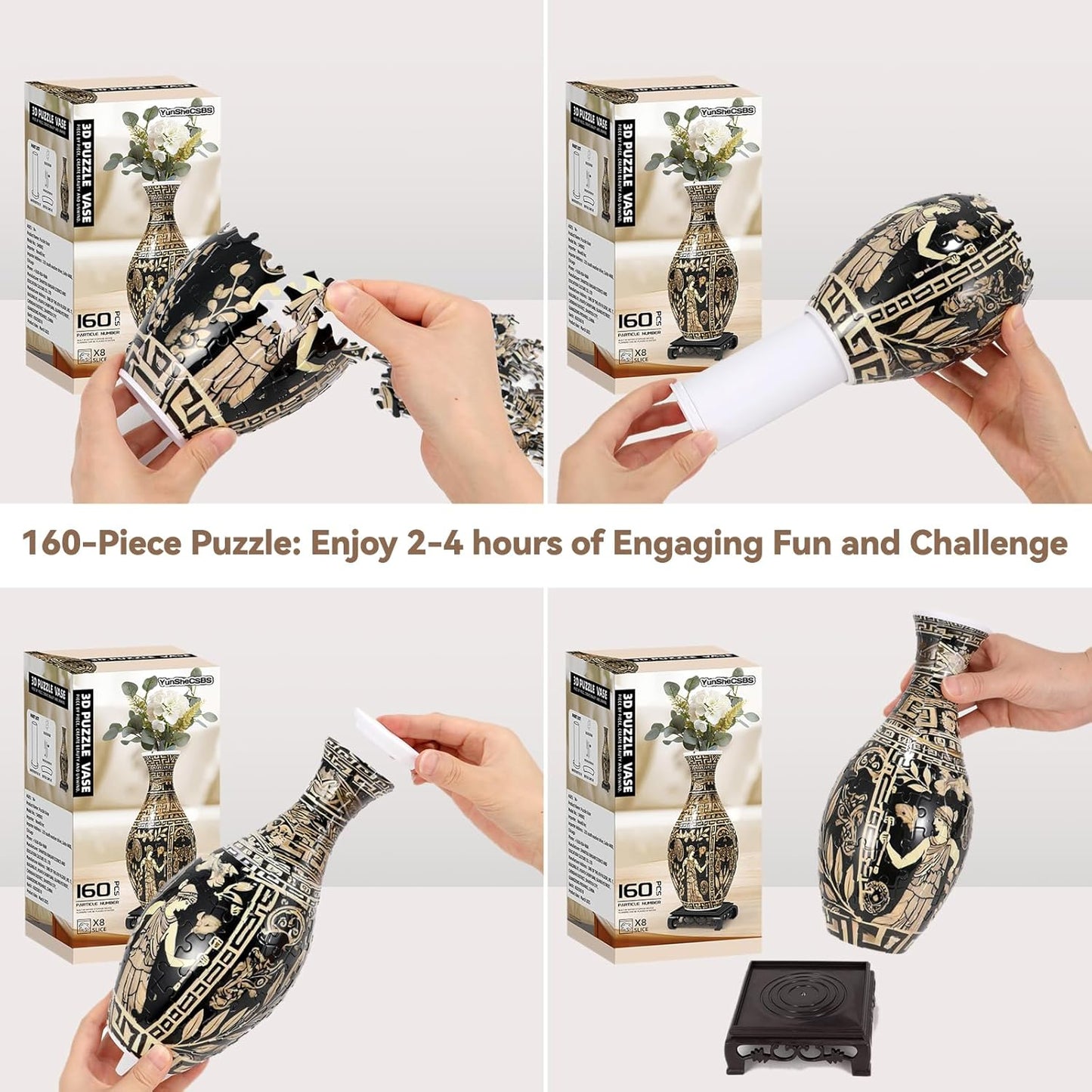 3D Puzzles Vase for Adults, 160 Pieces Plastic DIY Unique Flower Vase with LED Light, Crafts for Adults, Birthday Gifts House Warming Gift for Flower Arrangements and Home Decor (Brown)