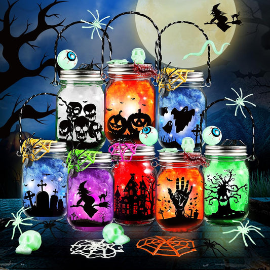 SpringFlower 8 Pack Halloween DIY Arts and Crafts Kits for Kids Ages 6-8, 8-12, Halloween Mason Jar with Accessories for DIY Lantern Jar, Art & Craft Party Supplies for Classroom Kids