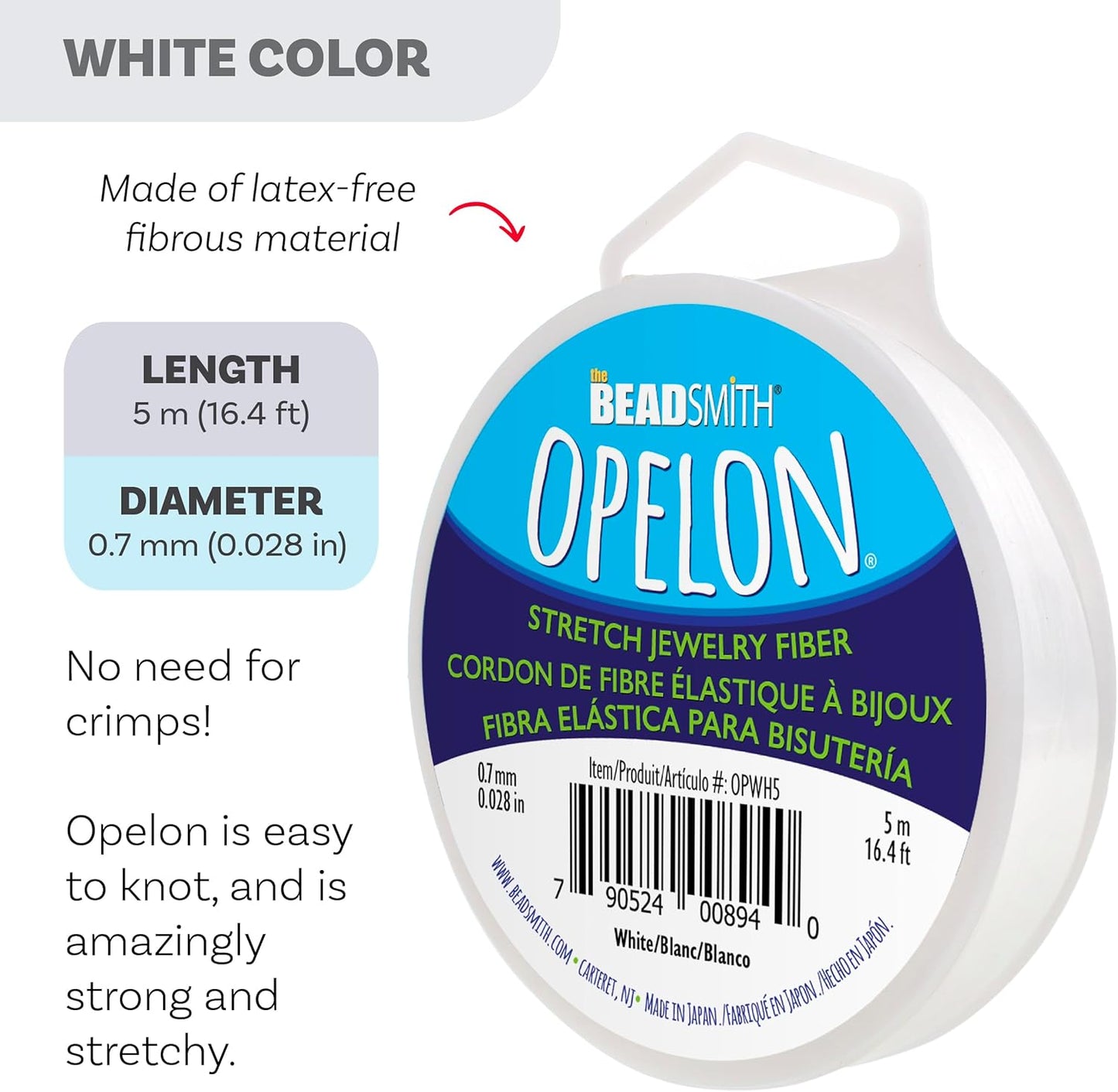 The Beadsmith Opelon Stretch Cord – Elastic Beading Fiber, White, 0.7 mm Diameter, 5 Meters (16.4 ft) Spool