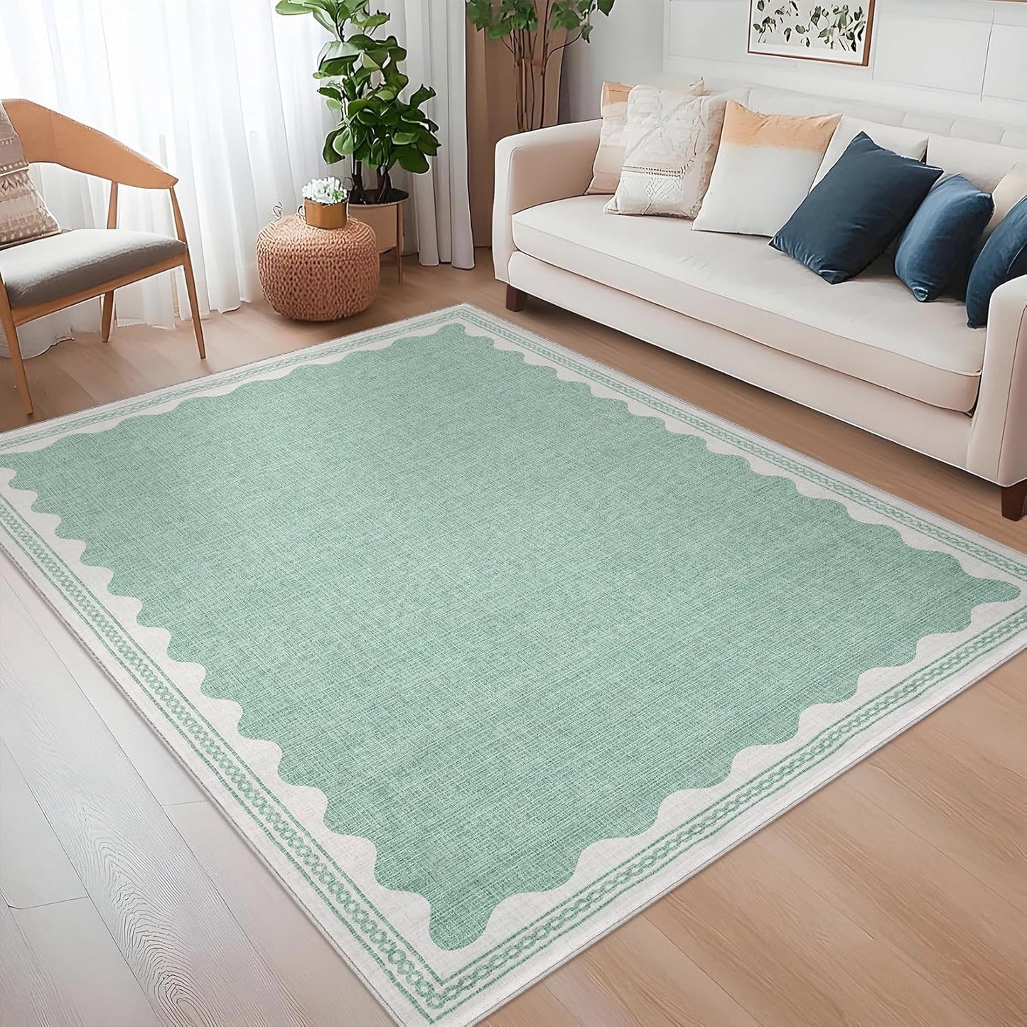 Scalloped Rug 4x6 Rugs for Entryway, Small Area Rugs Solid Green Rug for Bedroom Girls, 4x6 Washable Rugs for Living Room, Non Slip Scalloped Bath Mat, Soft Dorm Nursery Carpet for Bedside