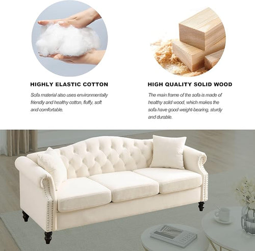 2 Piece Beige Velvet Chesterfield Sofa Set - Image 2