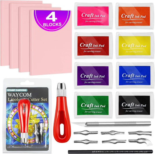 WAYCOM 18 Pcs Rubber Stamp Making Kit, Linoleum Cutter Set, Craft Ink Pad, Hobby Knife, Pencil for DIY Stamp Carving Craft
