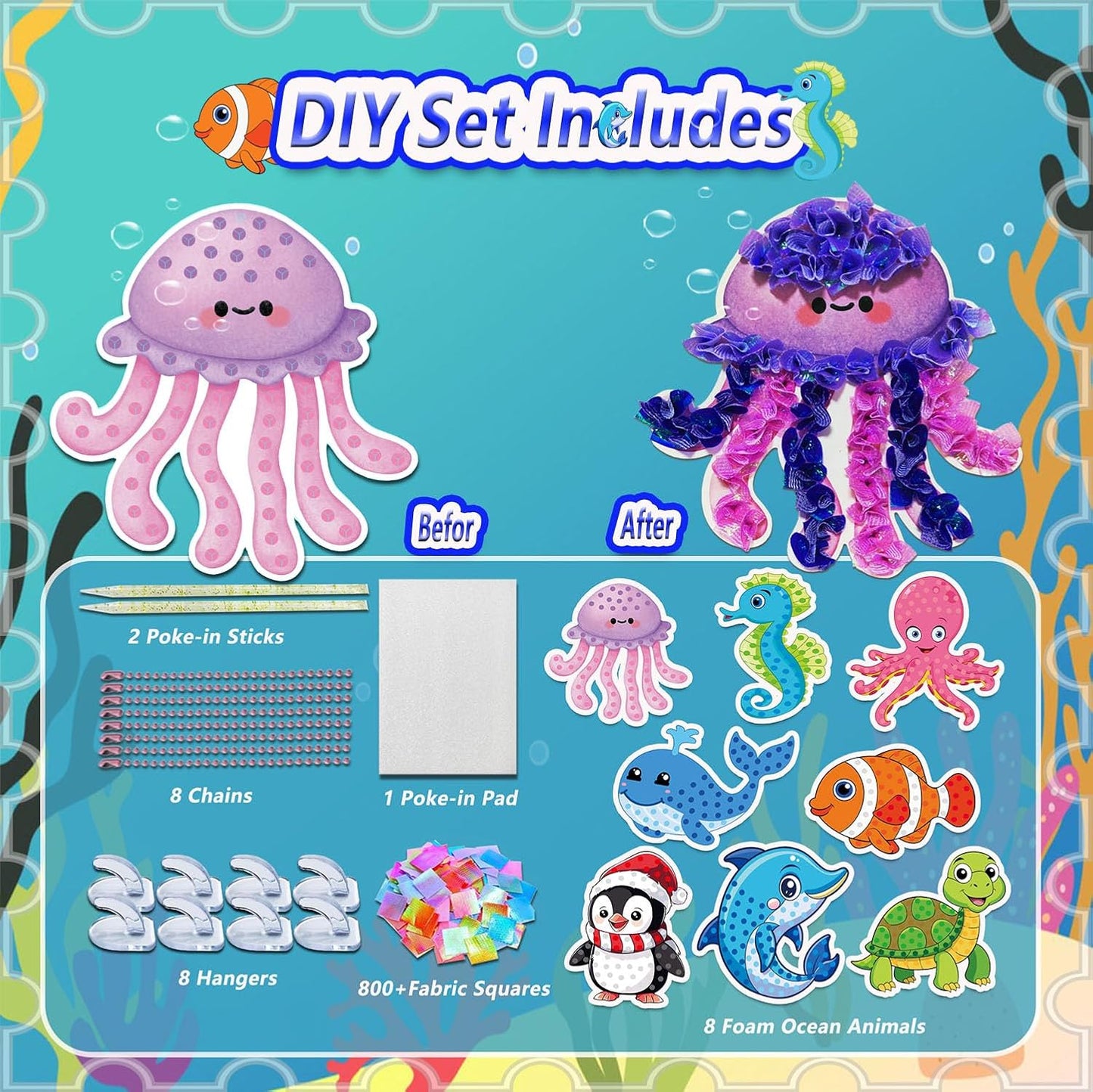 mom&myaboys Mess-Free Poke Art for Kids Ages 4-8 - Ocean Animals Craft Kit (8 Sea Creatures: Jellyfish, Dolphin, Turtle & More) | Beginner Sewing Toys for Toddlers | Creative Gift for Girls and Boys