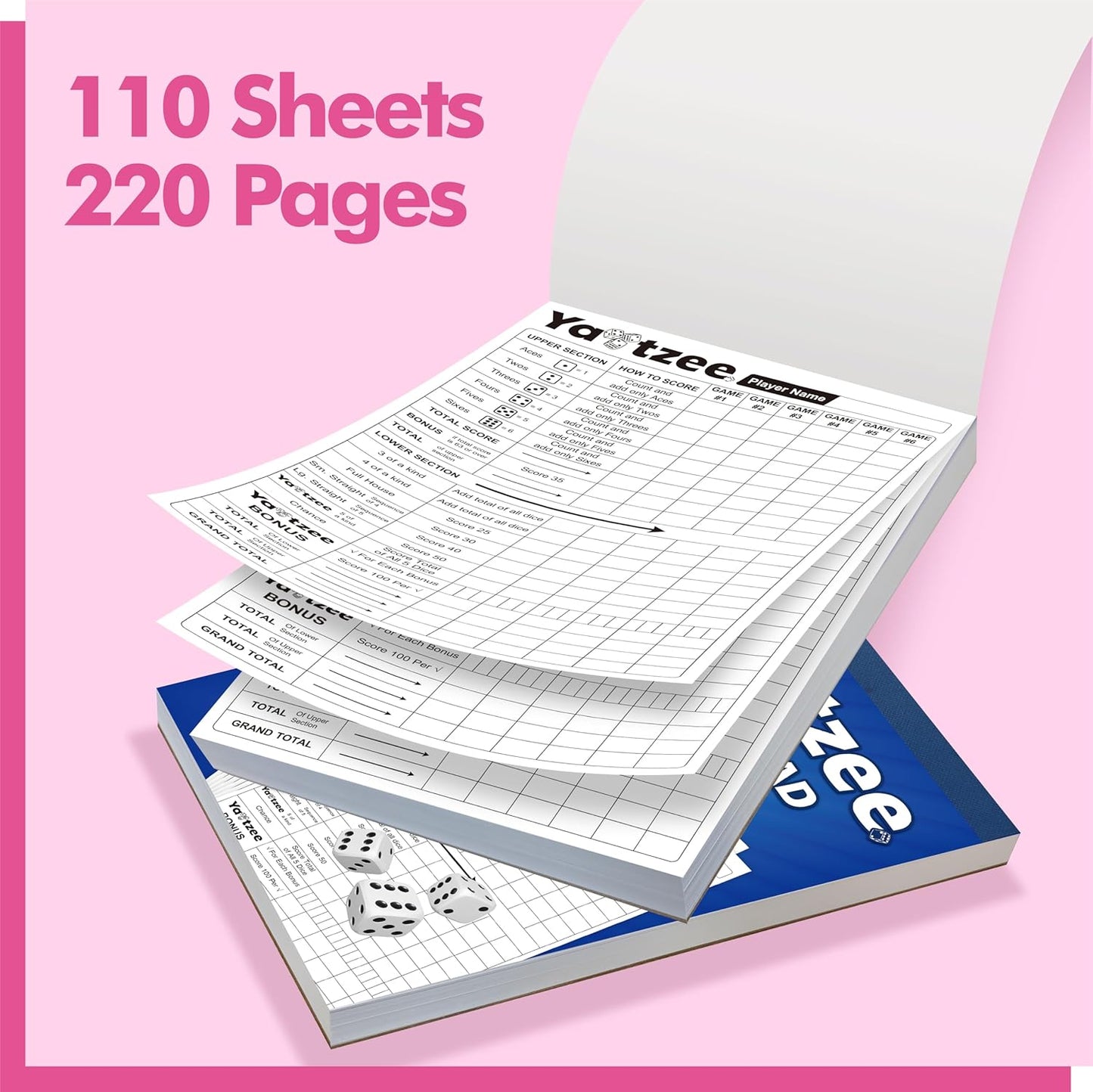 Gethelud 110 Sheets Score Pad for Yahtzee, 220 Tear-Off Pages Score Pad Large Print Score Keeper, Compatible for Yahtzee and Yardzee (6” x 9”)