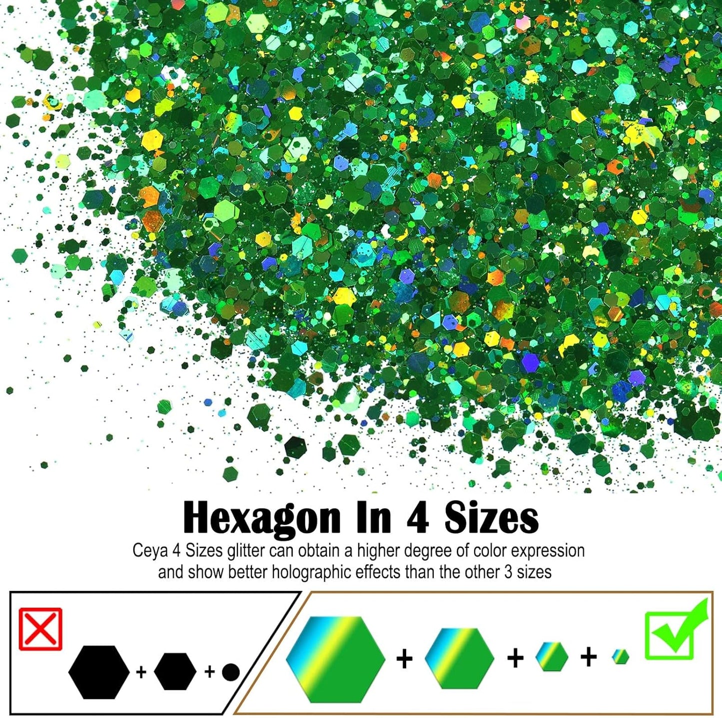 Ceya Holographic Chunky Glitter, 1 LB/ 16OZ Laser Green Bulk Craft Glitter Mixed Chunky Fine Glitter Bottled Metallic Flake Nail Sequins for Resin, Tumblers, Scrapbooking, Festival Decor, Art Project