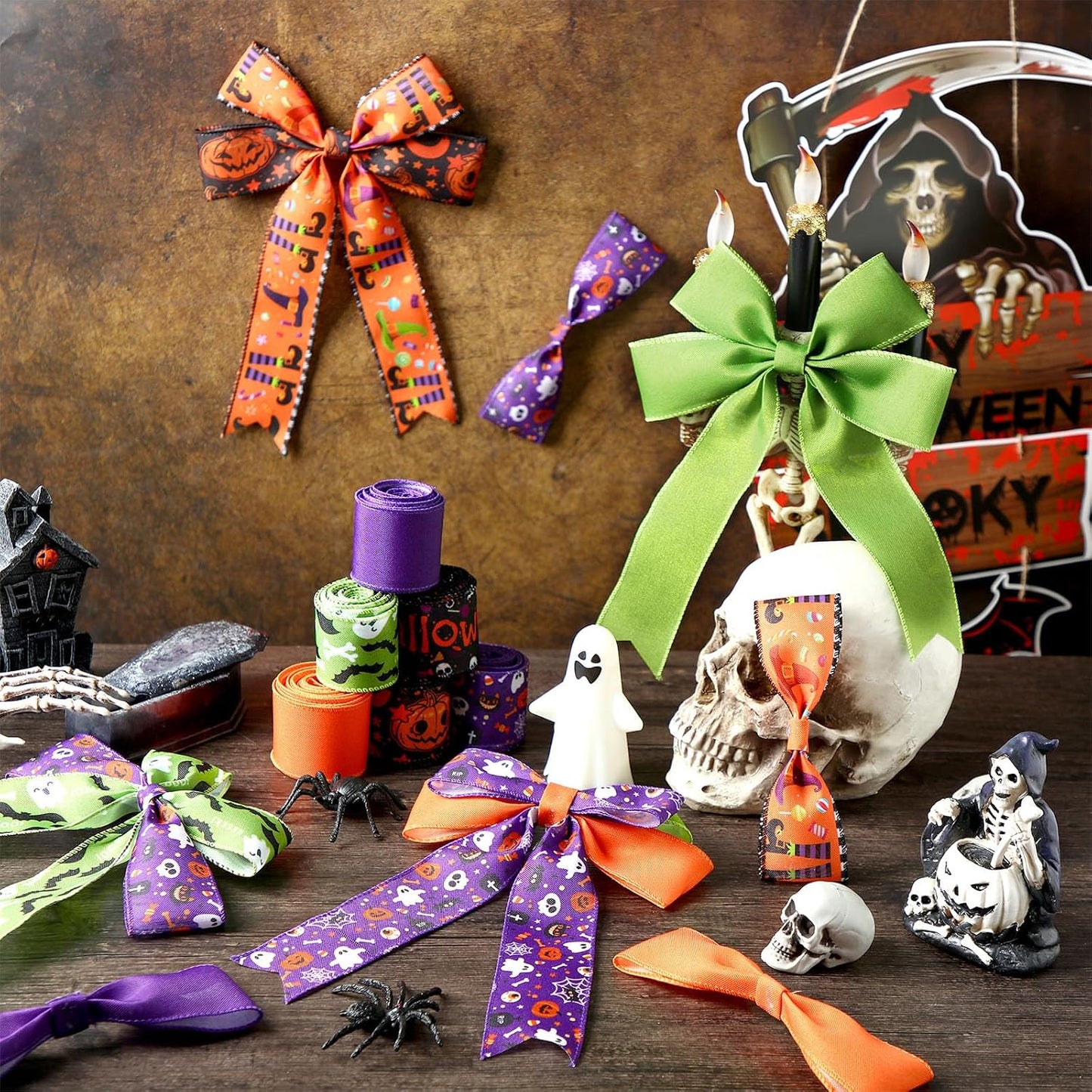 12 Rolls Halloween Wired Edge Ribbon for Wreaths 2 Inch x 60 Yards Bat Spider Web Pumpkin Print Grosgrain Ribbon Ghost Witch Hat Crafts for Halloween Party Decorative Supplies, 12 Styles