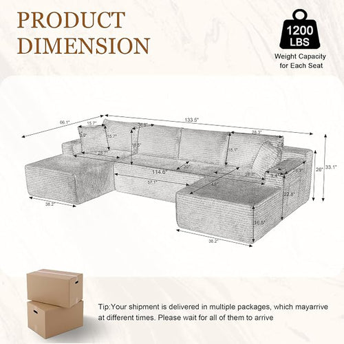 134 Inch Modular Sectional Sleeper Sofa, Boneless Cloud Couch - Image 2