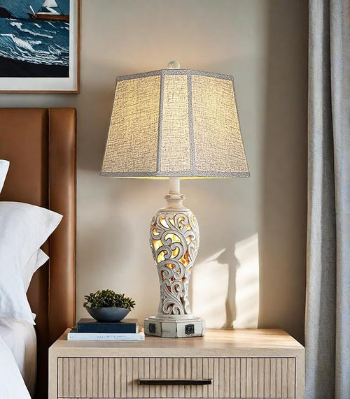 25'' Farmhouse Table Lamp for Living Room Bedroom, 2 USB Ports Vintage Rustic by Reyokale