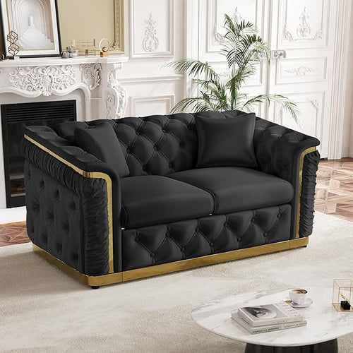 62.2" Luxury Velvet Chesterfield Sofa Tufted Victorian Black and Gold Couch by Nolohoo