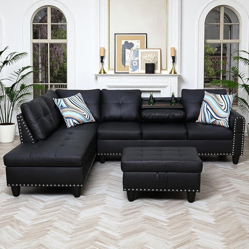 97.5" Leather L Shaped Couch Set Black, Modular Sectional Couches by Topcomfy