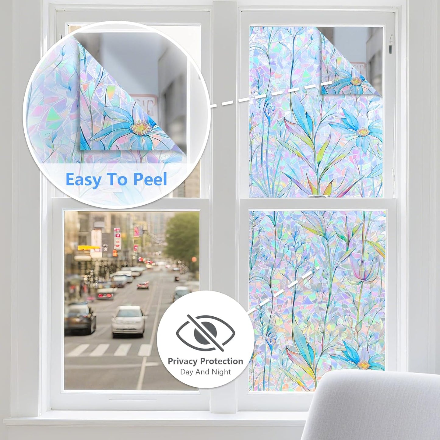 FINNEZ Window Privacy Film Stain Glass Film Flowers Rainbow Window Film Window Clings Non-Adhesive Reusable Decorative for Home（Blue Lotus，45.2 Inch x 13.1 Feet）