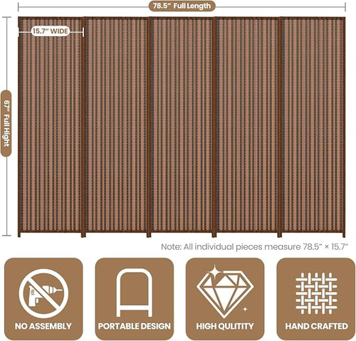 5 Panel Room Divider and Extra Wide Folding Privacy Screen, Bamboo Room Divider - Image 2