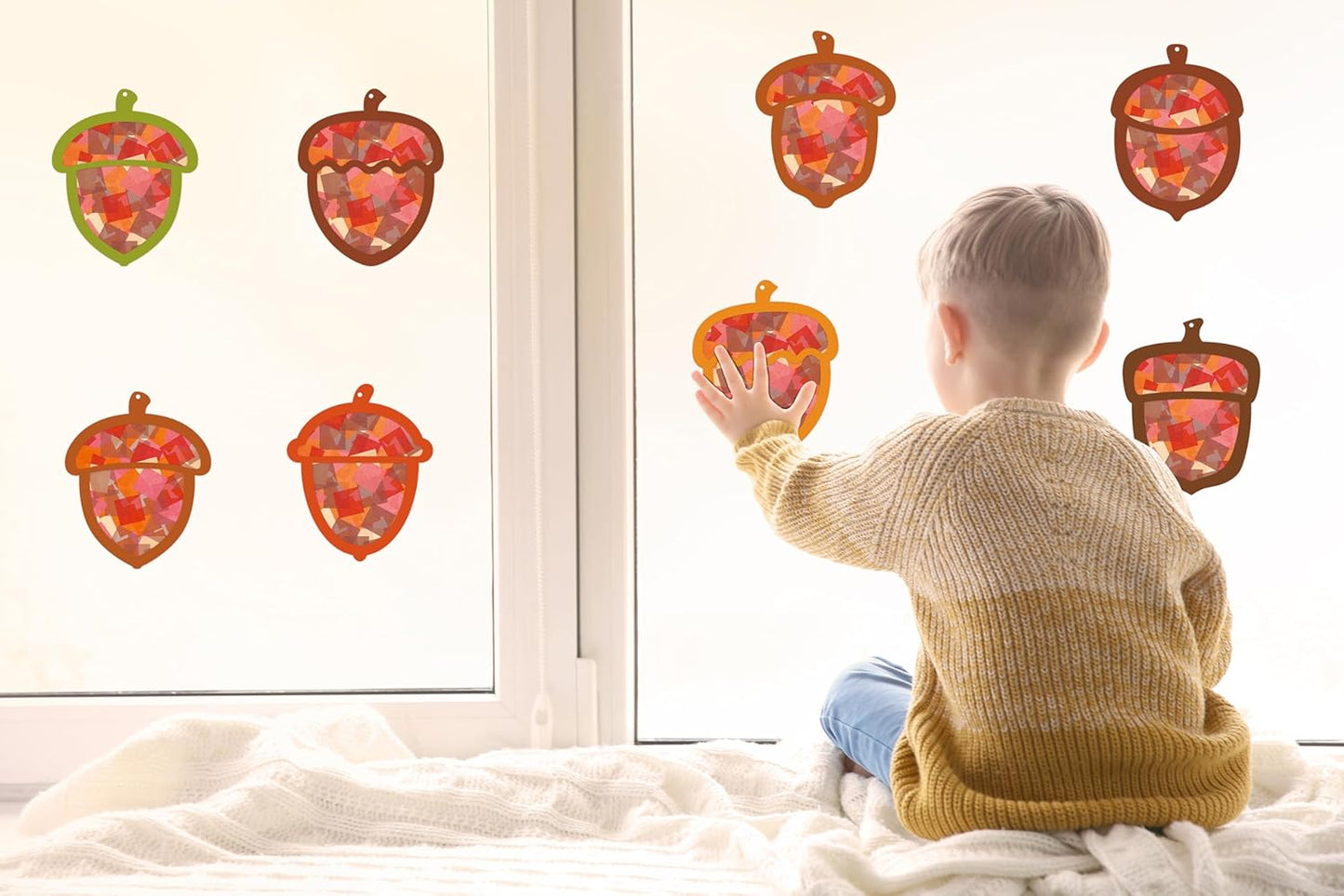 Renbuzhu 40PCS Fall Crafts Bulk: Acorn Paper Suncatchers DIY Kit for Autumn Thanksgiving Activities Decorations, Window Stained Glass Effect Art Supplies