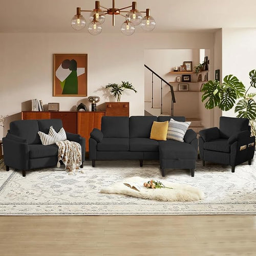 4 Piece Modern Corduroy Sofa Set, L-Shaped Sectional Couch by Firmacielu-CorduroyComfortableLivingRoomSofasforModernHome