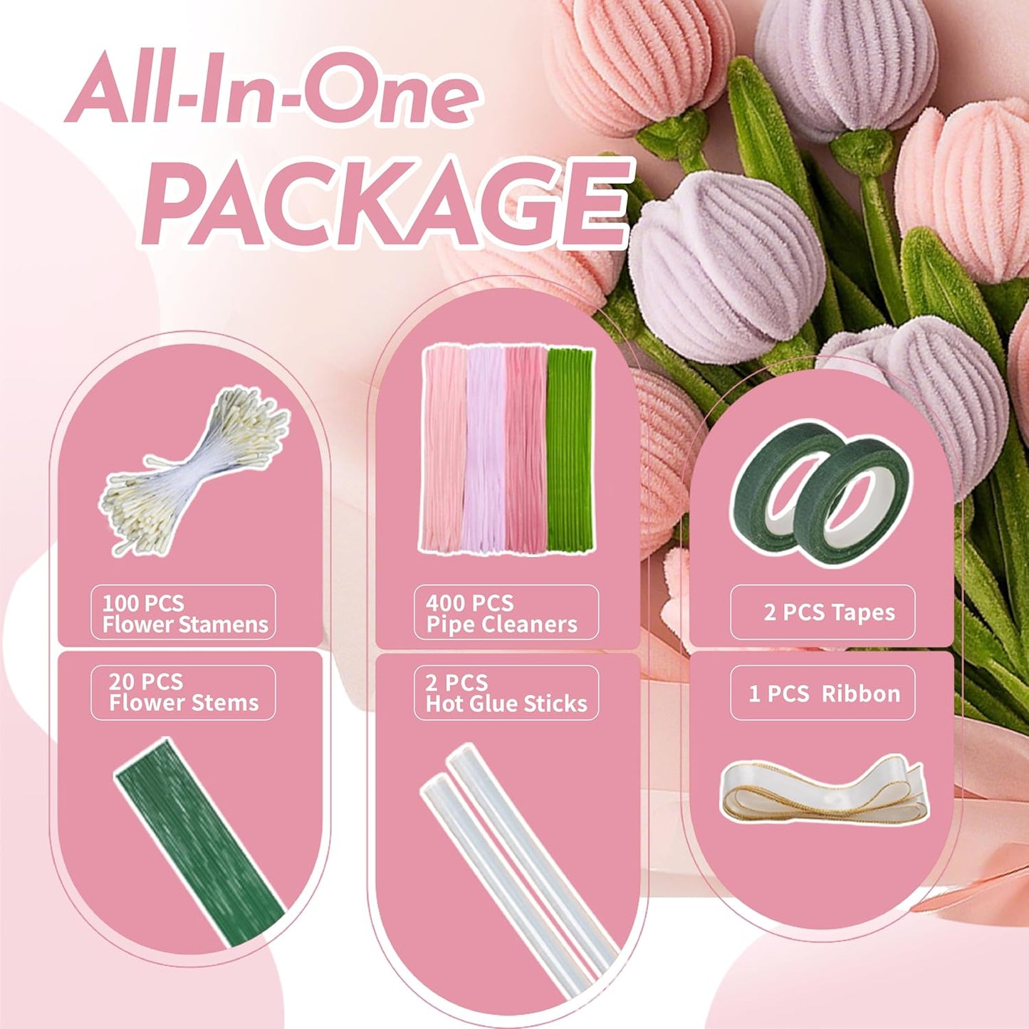 400 PCS Pipe Cleaners Craft Bulk,4 Assorted Colors Chenille Stems for DIY Flower Making Kit with Floral Wire, Gardening Tape, Stamen & Ribbon, Pipe Cleaners Flowers, Arts and Craft Supplies for Kids