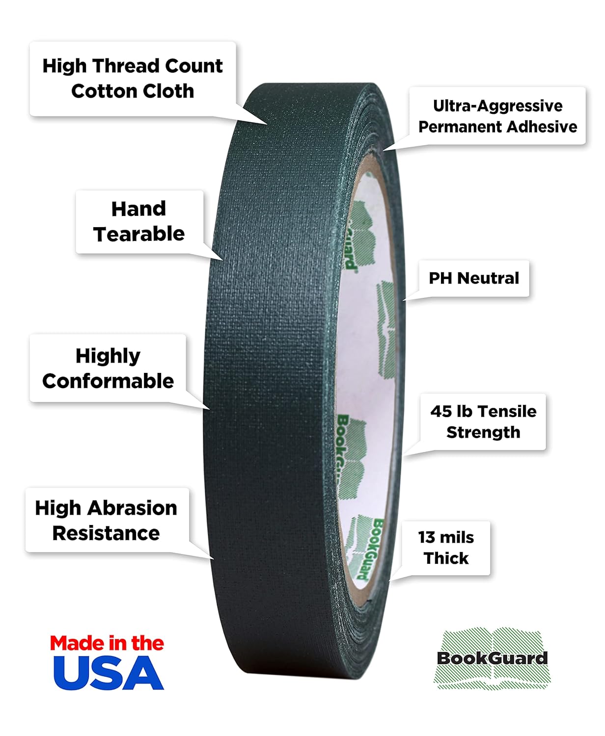 BookGuard 0.75 inch Premium Bookbinding Repair Cloth Tape, 15 Yard Roll, Forest Green
