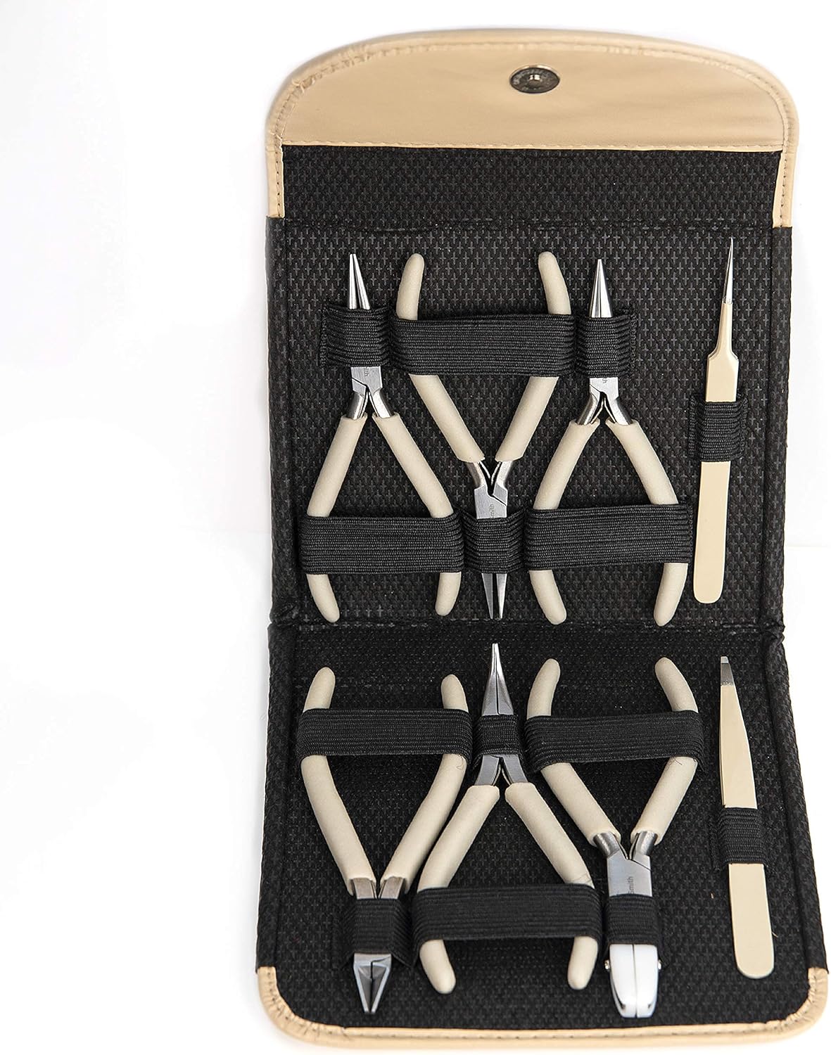 The Beadsmith Fashion Color Pliers – Set of 8 Slimline Color-Coordinated Tools – Matching Clutch in Beige – Jewelry Making Supply Kit to Create Necklaces, Bracelets, Earrings & More