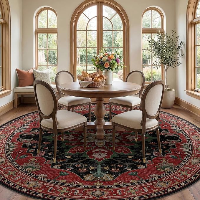 RELEANY Area Rugs Round 10ft Washable Non-Slip, Floral Vintage Distress Print - Image 3