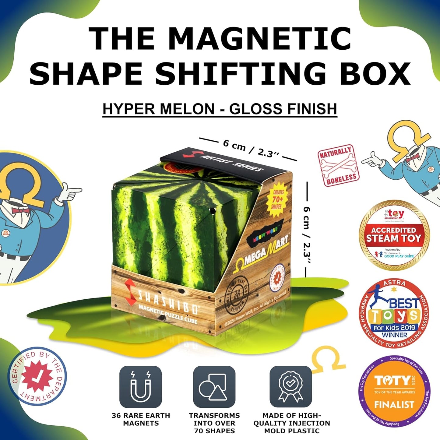 SHASHIBO Shape Shifting Box - Award-Winning Fidget Toy w/ 36 Rare Earth Magnets - Fidget Cube Transforms Into Over 70 Shapes, Sensory Toy Gift for Kids, Teens, and Adults (Hyper Melon)