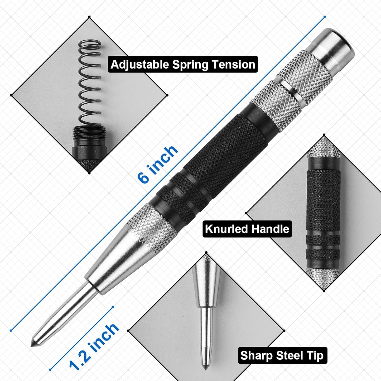 2Pcs Center Punch, 6Inch Automatic Center Punch Super Strong, Adjustable Spring Loaded Hole, Hardened Steel Auto Marker Tool for Metal, Wood, Glass by Pniimoo