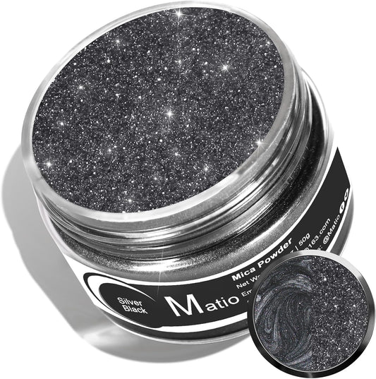 Matio Silver Black Mica Powder for Epoxy Resin, 1.8oz/ 50g Pearlescent Effect Mica Powder Natural Color Pigment for Soap Making, Bath Bomb, Candle Dye,Resin Craft,Paint,Nails Art,Jewelry,Slime Pigment