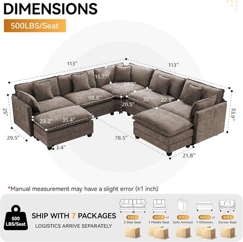 113'' V Shaped Cloud Sectional Sofa, Oversized Deep Seat Couches - Image 2