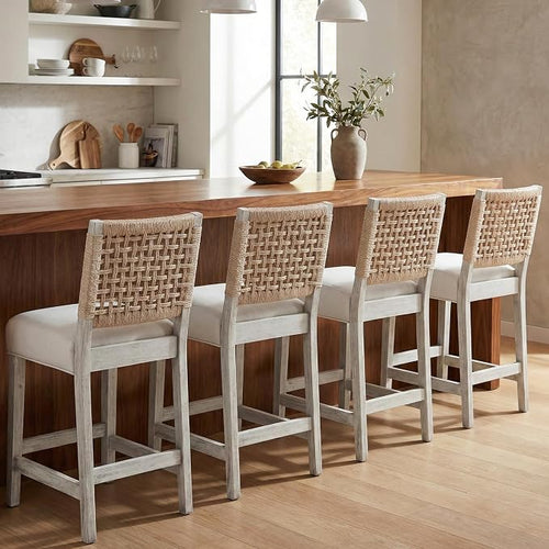 27" White Bar Stools for Kitchen Counter, Mid Century Linen Fabric Counter by DMFurniture
