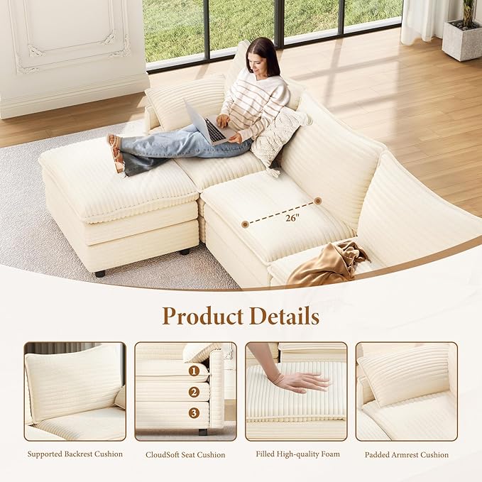 Vesgantti 108" Cloud Couch for Living Room, Deep Seat Sectional Modular Sofa - Image 4