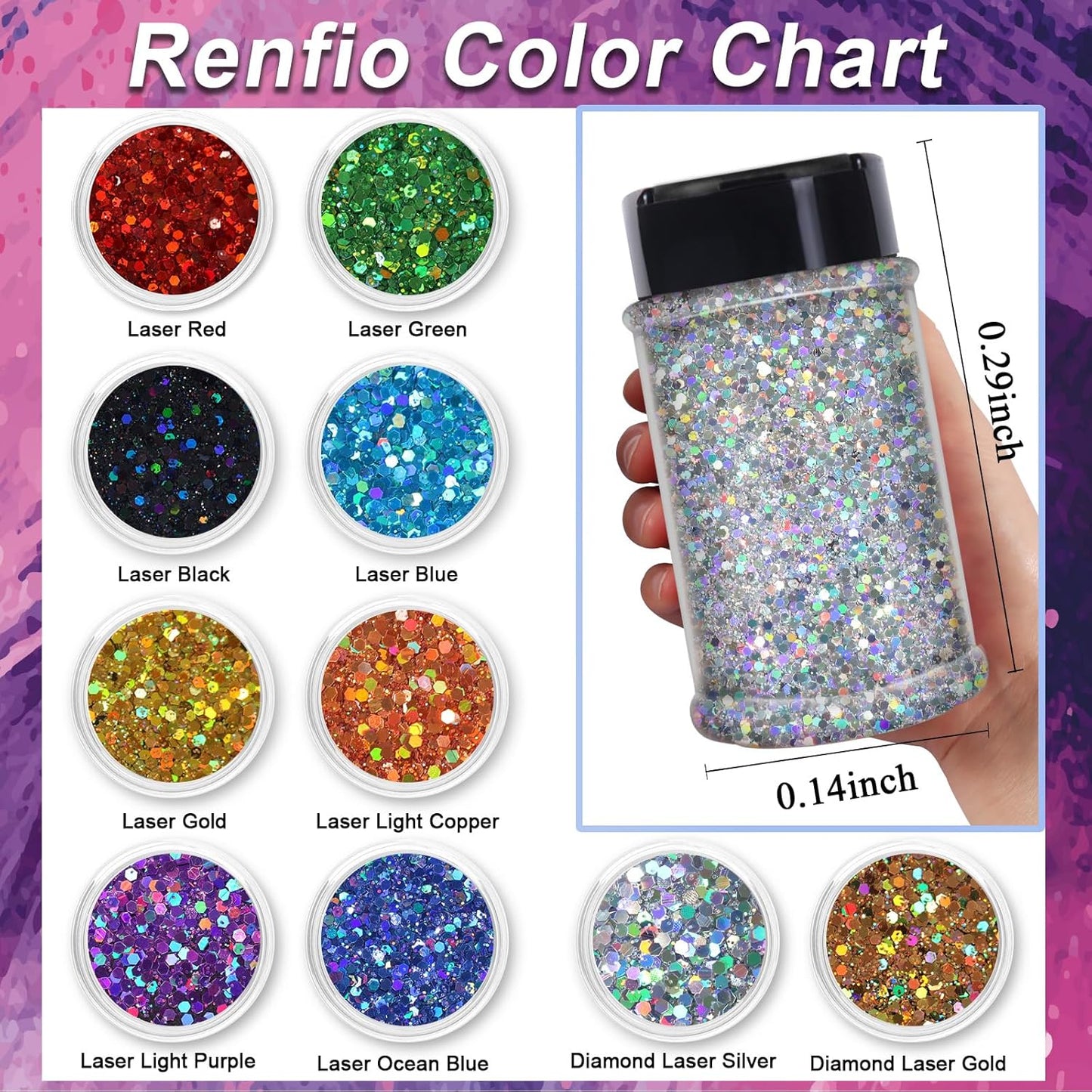 Renfio 2 Sizes Glitter, 2.11oz/60g Purple Glitter, Holographic Fine Glitter Mix Chunky Glitter for Crafts Sequins Valentines Resin Glitters PET Flakes for Nail Art Tumblers Slime - Laser Light Purple