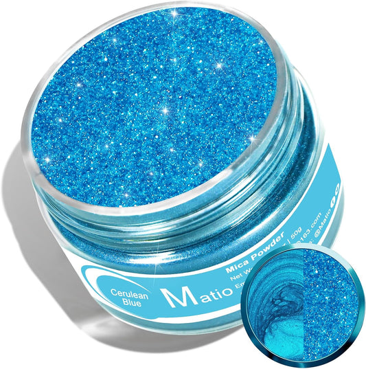 Matio Cerulean Blue Mica Powder for Epoxy Resin, 1.8oz/ 50g Pearlescent Effect Mica Powder Natural Color Pigment for Soap Making, Bath Bomb,Candle Dye,Resin Craft,Paint,Nails Art,Jewelry,Slime Pigment