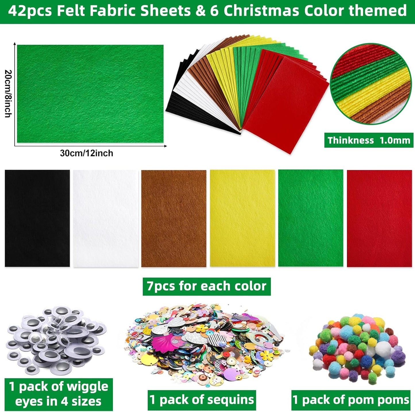 gisgfim 42Pcs Christmas Felt Fabric Sheets 8 x 12 Inch Red Green Black Assorted Soft Thick Felt Pack with Wiggle Google Eyes Pom Poms Glitter Patchwork Craft for DIY Sewing Creative Art Project Decor