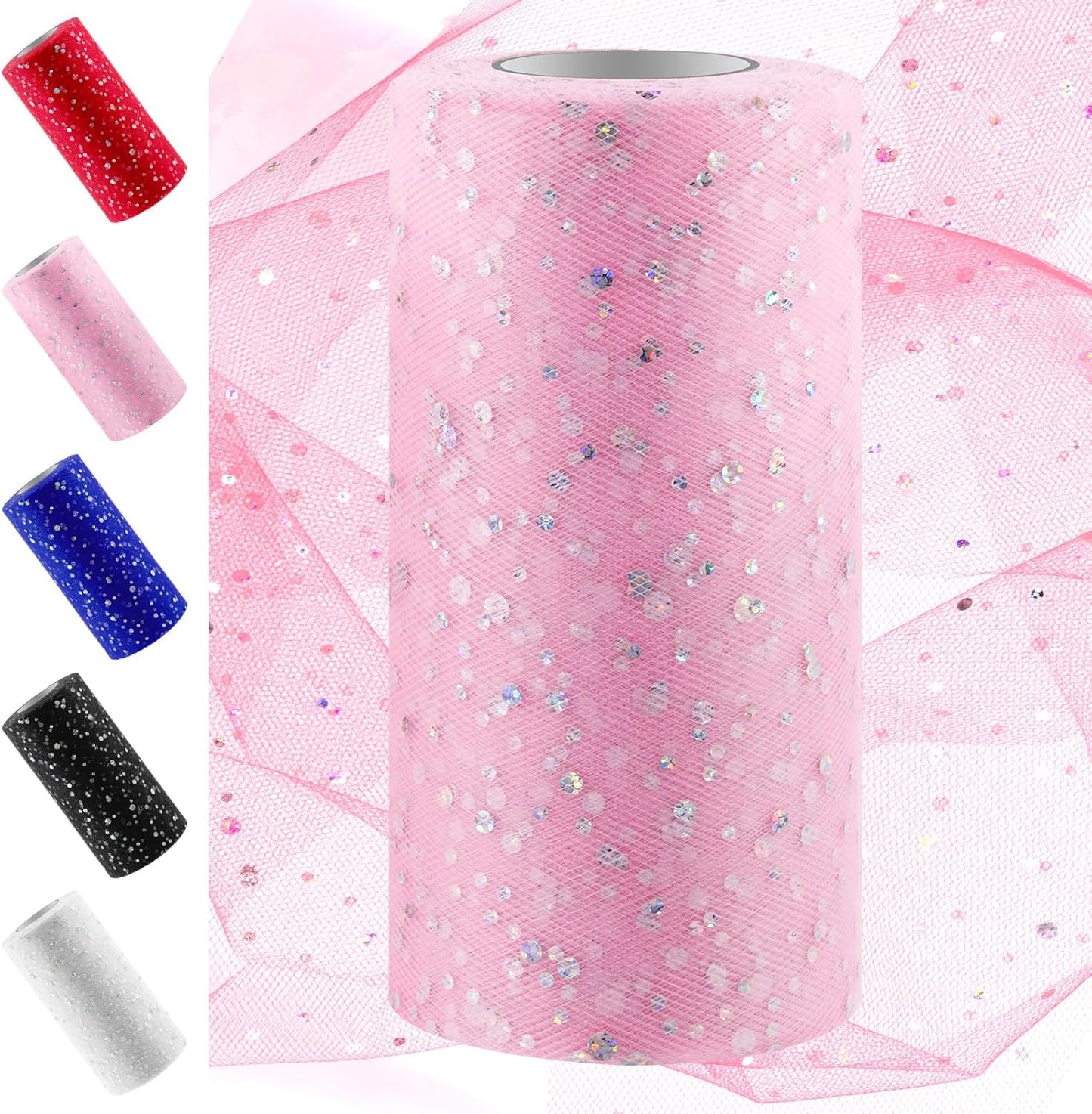 Swpeet 6 Inch by 50 Yards Pink Glitter Tulle Fabric Roll, Fabric Spool Sparkling Tulle Ribbon, Netting Polyester Spool for DIY Birthday Party Wedding Decorations Christmas Craft Supplies